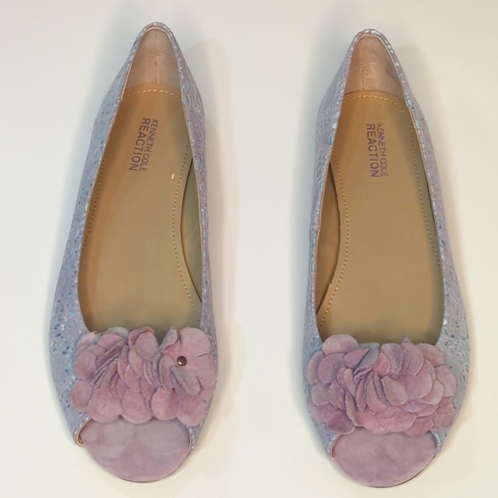 Kenneth Cole Snake Print Leather Lavender Floral Open Toe Ballet Flats 9M